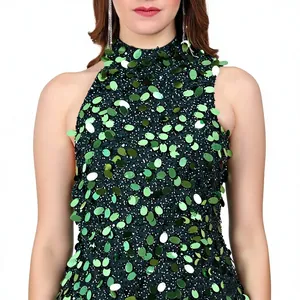 Robe de soirée luxueuse en sequins vert forêt, col montant sans manches, robe moulante de cocktail, tenue de soirée haut de gamme pour femmes - Product Image 5