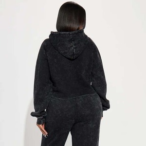 Women's <b>Black</b> Velour Hooded <b>Cropped</b> Zip-Up Sweatshirt Full <b>Sleeve</b> Solid Color Autumn Wear - Product Image 3