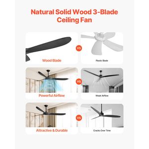 Ventilatore da soffitto moderno a basso profilo da 72 pollici, 6 velocità, telecomando, 3 pale in legno, motore DC reversibile, telecomando a 6 velocità (USA) - Product Image 2