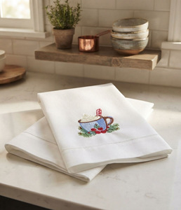Serviette à main en coton blanc de haute qualité serviette à thé avec tasse brodée de serviette d'invité de café pour les vacances de Noël - Product Image 6