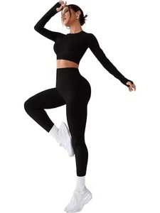 Seamless 2 Piece <b>Workout</b> Set Women Ribbed Long Sleeve Crop Top Thumbhole and High Waist Scrunch Butt Lift Leggings Yoga Outfit - Product Image 1