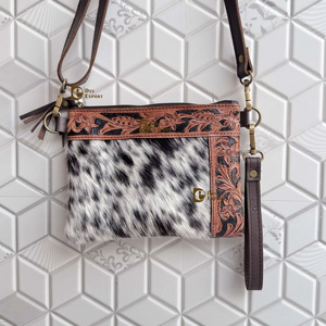 Bolso de mano unisex de cuero metálico estilo occidental con estampado animal, hecho a mano, con cierre de cremallera, ligero, color personalizable, para compras. - Product Image 1