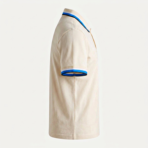 Camisas Polo para Hombre en Color Crema Beige con Logotipo Personalizado, Cuello con Ribete en Contraste, Puños a Rayas, Estilo Casual Elegante, Camisa Polo para Golf y Tenis - Product Image 3