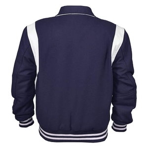 แจ็คเก็ตวาร์ซิตี้สีน้ำเงินกรมท่าคุณภาพสูงสำหรับผู้ชาย ปกคอเสื้อพับได้ ผสมขนสัตว์ แต่งหนังแท้ สไตล์วินเทจ - Product Image 2