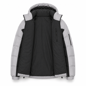 Hot Sale Stand Woven Hooded Puffer <b>Jacket</b> Casual Winter Streetwear Contrast Panels Custom Logo Embroidery Service Full Front - Product Image 5