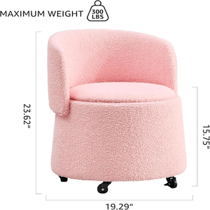 Comodo Pouf Rotondo Convertibile con Copertura in Velluto Teddy Rosa e Ruote per Uso come Sgabello da Toeletta o in Cucina - Product Image 2