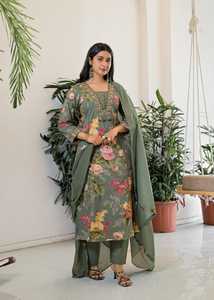 Traditional <b>Indian</b> Women's Green Cotton Quick Dry Digital Print Floral Lace Tussles Knee-Length <b>Kurta</b> Set Dupatta Regular Fit - Product Image 5