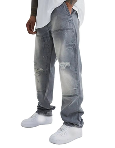 Jean en denim de coton de qualité supérieure pour homme, style droit, taille mi-haute, délavé, effet vieilli, coupe charpentier, tendance - Product Image 3