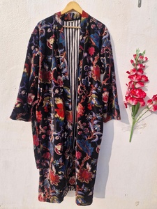 Bata de terciopelo de lujo india para mujer, estilo kimono, para el desayuno, abrigo largo de verano - Product Image 4