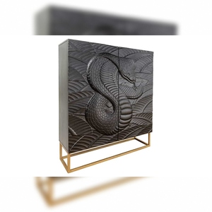 Meuble haut scandinave pour salon Vandana SNAKE 120 cm en bois de manguier noir et or avec des sculptures 3D élaborées - Product Image 2
