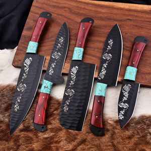 Ensemble de couteaux de cuisine forgés à la main sur mesure, 5 pièces, ensemble de couteaux de chef noirs martelés avec lame à motif floral gravé, manche hybride en résine turquoise - Product Image 4