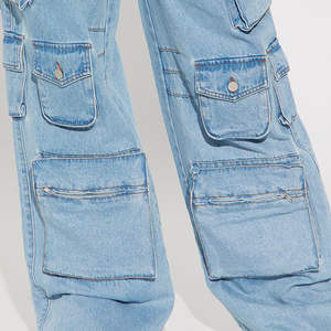 Pantalon cargo long et large en denim pour femme, taille haute, avec poches effet vieilli, en coton premium, personnalisé OEM, style Highstreet - Product Image 3