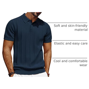 Men's <b>Navy</b> Blue Short Sleeve Knitted <b>Polo</b> <b>Shirt</b> Solid Color Breathable Casual Regular Fit Collared Design - Product Image 5