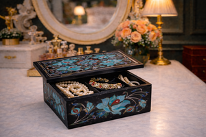 Boîte à bijoux de luxe écologique moderne en marbre noir avec incrustation turquoise, boîte de rangement artisanale en pierres semi-précieuses - Product Image 2