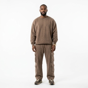Conjunto de Pantalones y Sudadera Cargo Marrón Lavado para Hombre, Cuello Redondo Oversize, Bolsillos Utilitarios, Chándal Casual de Dos Piezas a Juego para Streetwear - Product Image 1