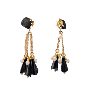 Gold Plated Bohemian Drop Earrings with Black Charms and Pearl Accents - Product Image 2