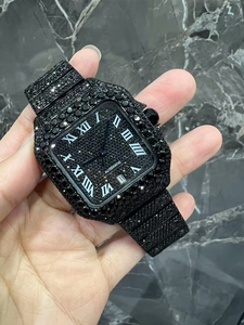 Montre automatique 41 mm entièrement sertie de diamants VVS noirs romains et de moissanite, en acier inoxydable et verre luxueux - Product Image 2