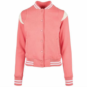 Veste universitaire rose avec bordure blanche, coupe classique, style preppy, simple boutonnage, en mélange de coton et de polyester tricoté - Product Image 1