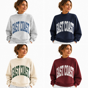 Sudadera oversize con cuello redondo y estampado de letras East Coast para mujer, con cuello simulado alto y estampado gráfico. - Product Image 5