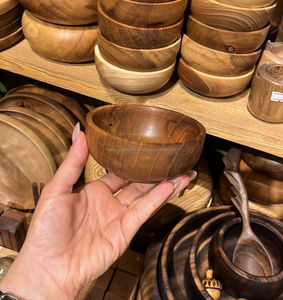 Ensaladeras de madera de acacia maciza desechables personalizadas al por mayor OEM/ODM juego de fruteros redondos con logotipo de grano de madera ecológico - Product Image 2