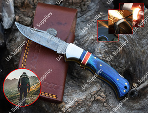 High Quality Damascus Steel Folding Knife OEM Wood Epoxy Handle Outdoor Bushcraft EDC Tactical Pocket Knife <b>Leather</b> Sheath Drop - Product Image 6