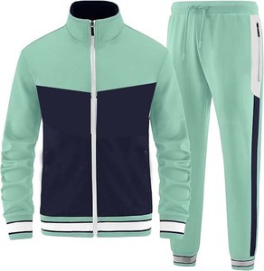 Unisex Mint Green Color Blocking Tracksuit Full Length <b>Zipper</b> <b>Jacket</b> With Side Pockets Casual Autumn Wear Regular Fit - Product Image 1
