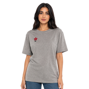 Camiseta gris de manga corta para mujer con hombros caídos, bordado floral personalizado, ajuste holgado, uso diario informal, 100% algodón tejido. - Product Image 1