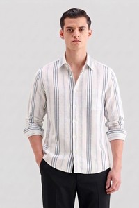 Camisas Casuales de Verano para Hombre Enovate, Diseño Poppy a Rayas, Lino/Algodón, Doble Botonadura, Transpirables, ODM - Product Image 2
