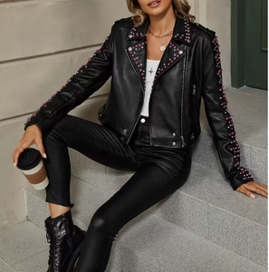 Women's Genuine Leather Moto <b>Jacket</b> With <b>Rhinestone</b> Rivet Decoration Turn-Down Collar Full Sleeve Autumn Style Premium leather - Product Image 5