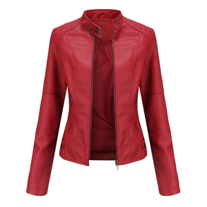 Veste moto en cuir PU rouge pour femme, manches longues, fermeture éclair, col montant, style automne, couleur unie, longueur normale - Product Image 6