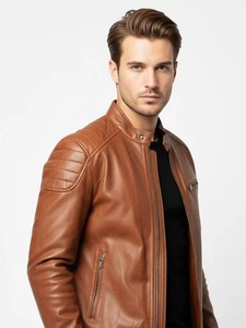 Men’s Classic Tan Brown Cafe <b>Racer</b> Leather <b>Jacket</b> Motorcycle Riding <b>Jacket</b> - Product Image 3