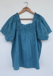 Ensemble de pyjama en coton bleu à carreaux pour femmes, haut à manches courtes smocké, short à volants, ensemble de nuit confortable en 2 pièces - Product Image 2