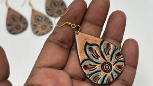 Conifer Women's Handmade Artisan Hand <b>Tool</b> Teardrop Floral Boho Western Dangle Earrings - Product Image 2