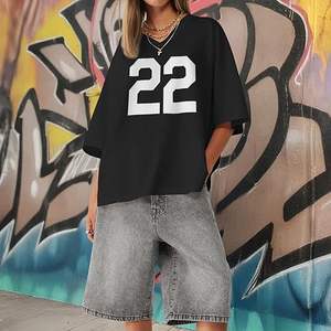 Camiseta Oversize Personalizada para Mujer, Estilo Urbano, Cuello en V, Estampado de Números, Verano, Casual, Holgada, Manga Corta, Jersey de Poliéster - Product Image 2