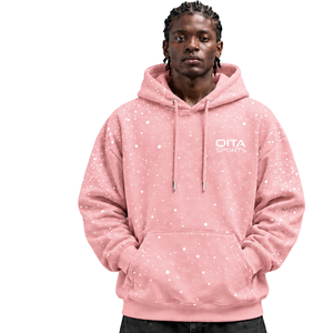 Blush Pink <b>White</b> Speckled Print <b>Men</b> Pullover Hoodie Oversized Fleece <b>Sweatshirt</b> Drawstring Hood Kangaroo Pocket Casual Wear - Product Image 1