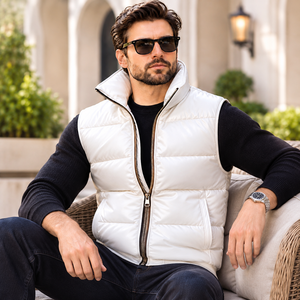 Wholesale <b>Men's</b> Genuine Leather Puffer <b>Vest</b> | Herren-Steppweste aus Echtleder im Großhandel , Gilet Traspirante - Product Image 3