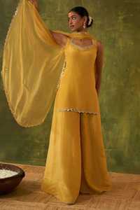 Traje Anarkali de Seda Amarilla con Dupatta Bordada, Ropa Tradicional India para Bodas, para Mujer, Largo hasta el Tobillo, Corte Regular - Product Image 5