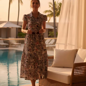 เดรสสายเดี่ยวผู้หญิง ลายอิกกัต ผ้าพลิ้ว ยาวคลุมข้อเท้า สีน้ำเงิน สไตล์ลำลอง ติดกระดุม ระบายอากาศได้ดี ทรงเอ เอวธรรมชาติ ผ้าฝ้าย 100% - Product Image 1