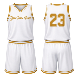Conjunto de Uniforme de Baloncesto LEVEL SPORTS LS-808 Personalizado en Blanco y Dorado, Camiseta sin Mangas con Cuello en V y Pantalones Cortos a Juego, Transpirable, de Poliéster - Product Image 2