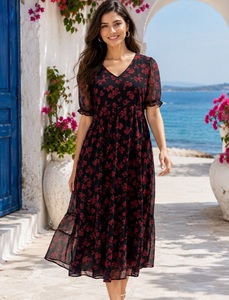 Women Wear Black Red Floral Midi Dress Loose Fit Casual Summer Beach Style Polyester Kurti India Pakistan Western Wear <b>Kurtis</b> - Product Image 1