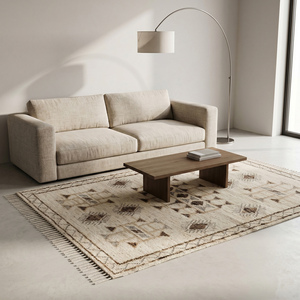 Tapis moderne en jute tissé à la main, géométrique, antidérapant, crème beige marron, tissage plat, kilim, bordure à franges, décoration intérieure - Product Image 2