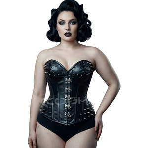 Full Bust Steelboned <b>Gothic</b> And Steampunk Black Leather <b>Corset</b> With Spikes And Front Swing Clasp Closure - Product Image 1