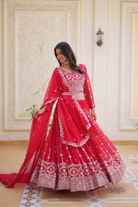 Traditional <b>RED</b> Embroidered <b>Lehenga</b> Set With Dupatta Floor-Length Women's Indian Pakistani <b>Wedding</b> Wear - Product Image 2