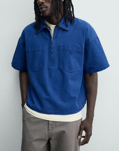 Polo homme sur mesure en coton doux bleu foncé avec col demi-zip et poche, vente en gros - Product Image 5