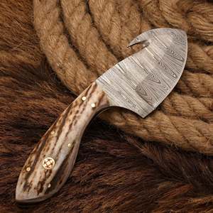 Cuchillo de caza y camping hecho a mano DIY OEM de acero de Damasco con hoja fija de filo recto y espiga recta, mango de cuerno de ciervo y cuero personalizado - Product Image 3