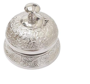 Cloche de réception élégante en argent gravée de motifs floraux, bouton poussoir, cloche de table ornée pour la décoration d'hôtels, restaurants et bureaux - Product Image 1