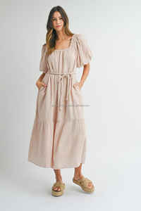 New Look algodón gasa verano cuello cuadrado longitud media con elástico Boho suelto Casual media manga señoras Maxi vestido para mujer - Product Image 3