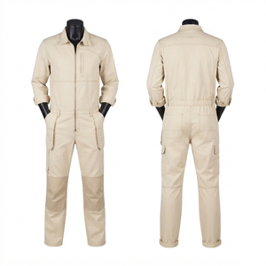 Combinaison de travail en sergé de coton premium 240 GSM certifiée CE, coupe-vent et imperméable, beige, avec poches cargo aux genoux - Product Image 1