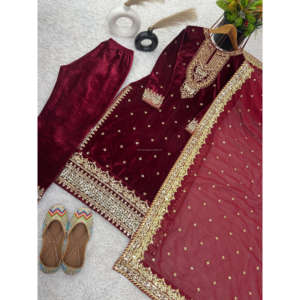 ชุดปาร์ตี้ใหม่ออกแบบผ้ากำมะหยี่วิสคอสดูปัตต้าด้านบนและด้านล่างมีลายปักด้วยงานเย็บปักถักร้อยที่หนักหน่วง - Product Image 1