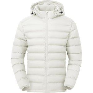 <b>Men's</b> White Hooded Puffer <b>Jacket</b> Windproof Zipper Closure Polyester Winter Coat Casual Style Regular Fit - Product Image 1
